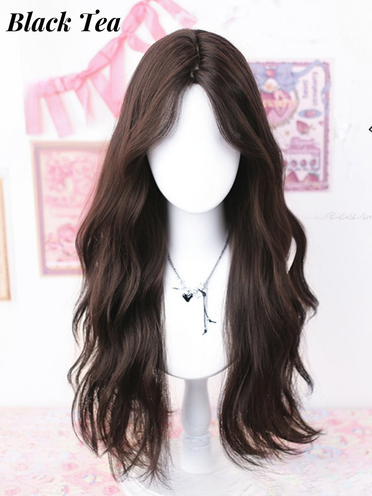 Dark Brown Under Bust Length Wavy Wig with Curtain Bangs