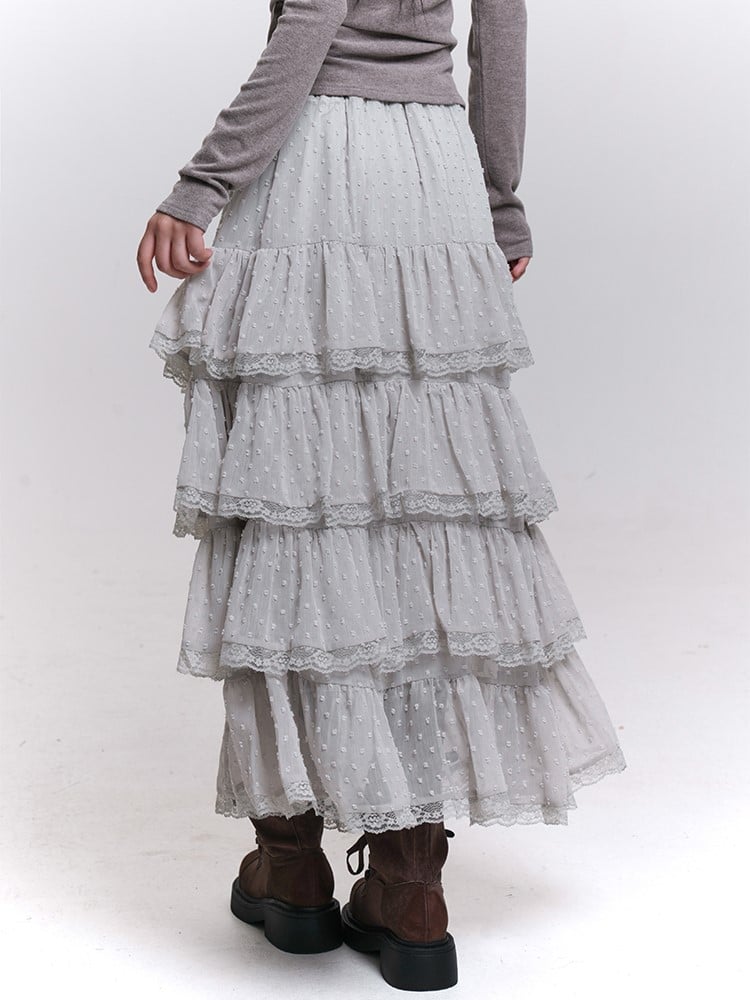 Length Tea Trim Chiffon Blue Mesh with White/Black/Light Tiered Lace Skirt