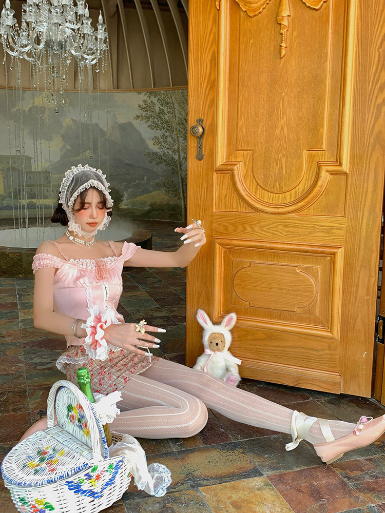 Jacquard / Striped with Tea Tights Milk Black Vintage Lolita