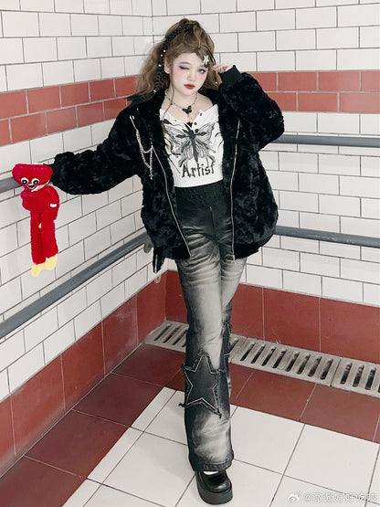 Ears Size Plus Black Hooded Coat Y2K Bunny