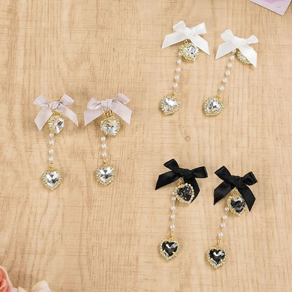 Kei Rhinestones / Dusty Pink Bow Ear Jirai Beaded | Clips White Heart Black Chain with