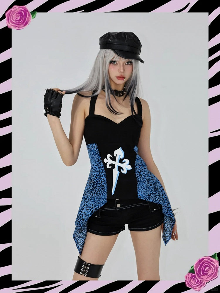 Trägerloses Top Schwarz Glamorous Gyaru Blaue Leoparden Patches Y2K