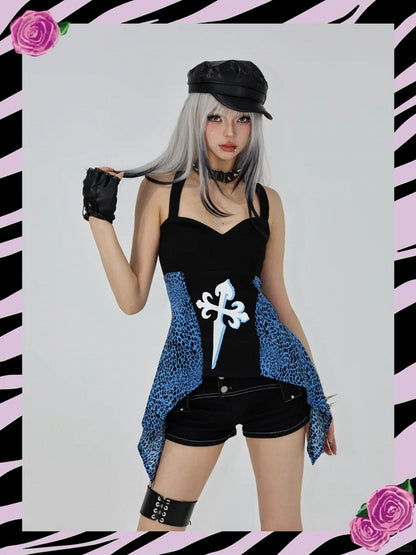 Strapless Top Black Glamorous Gyaru Blue Leopard Patches Y2K