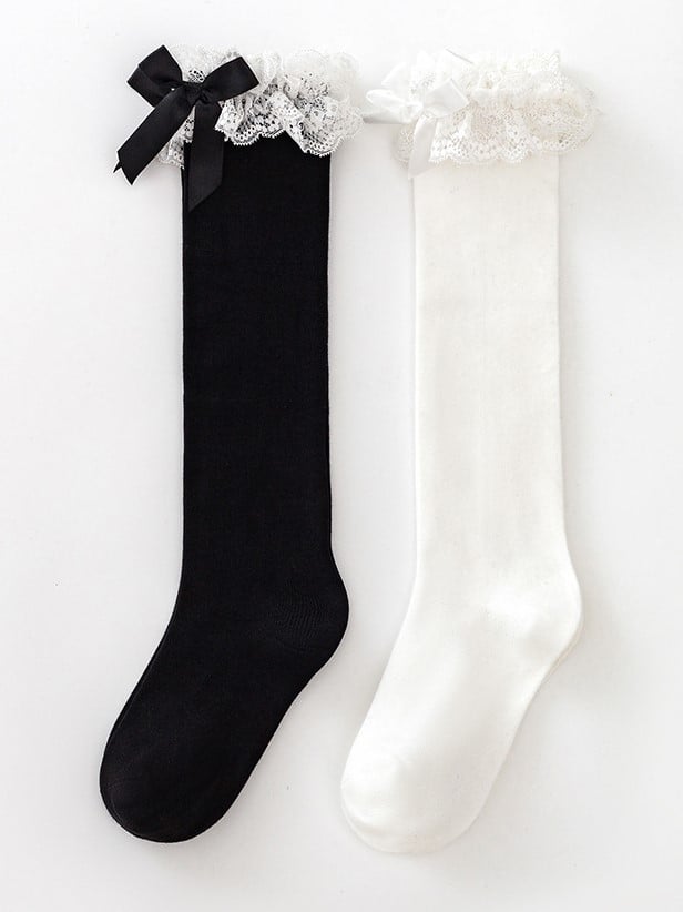 Bowknot Details Lace Black/White Stockings Lolita Underknee/Overknee