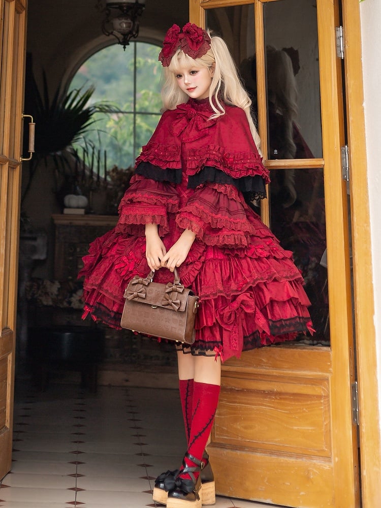 Sleeves Bust + Blouse Bell Gothic - Cape JSK Lolita Wine Set Under Full Red Dress