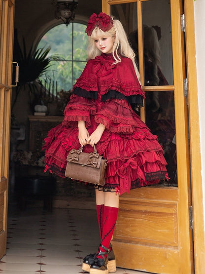 Sleeves Bust + Blouse Bell Gothic - Cape JSK Lolita Wine Set Under Full Red Dress