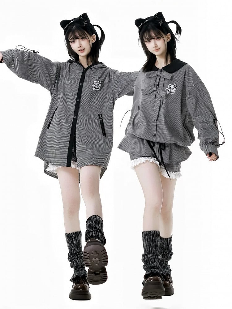 ブラウス ドローストリング 黒と白のチェック柄 ピーターパンカラー リボンアクセント カフス