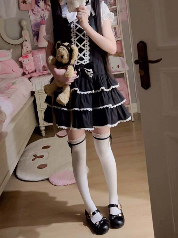 Ribbon Criss-cross Lolita Black Tiered Skirt Overall Design Dress Sweet