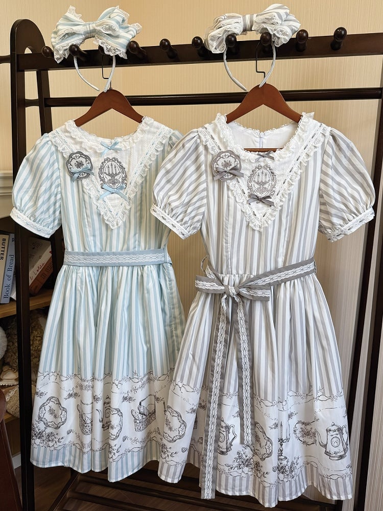 Classic Lolita Antique Porcelain Print and Embroidery OP Dress in Blue and Gray with Striped Pattern - Birds Diary