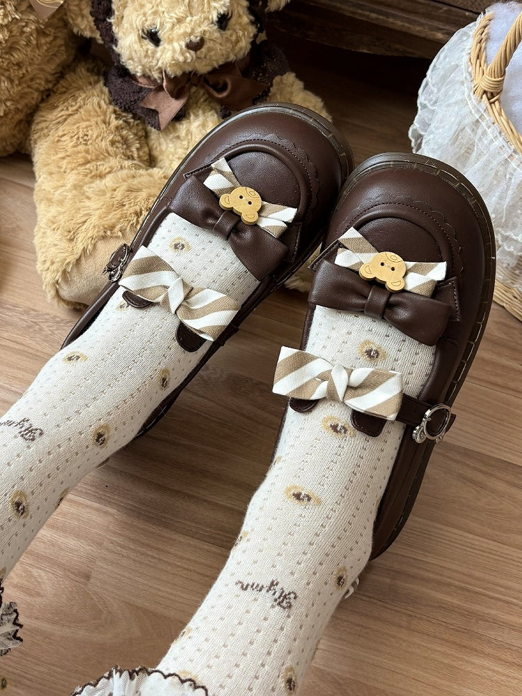 Design PU - and Kuma-themed with 2cm Flat Ear Shoes Strap Lolita Bear Brown Striped Bow