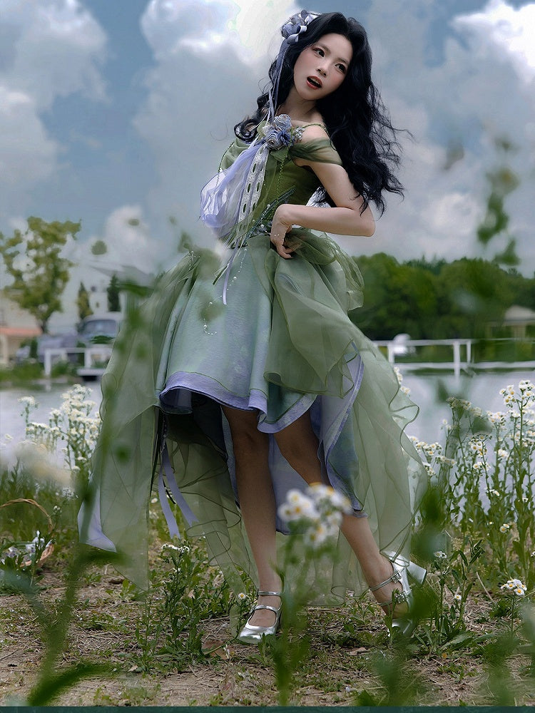 Elegant Green Layered High-Low Skirt - Zao Jing Ji