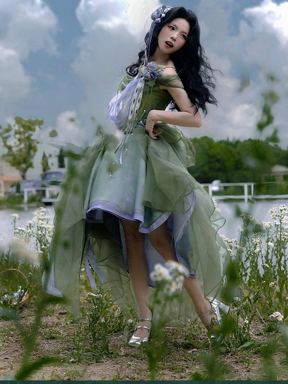 Elegant Green Layered High-Low Skirt - Zao Jing Ji