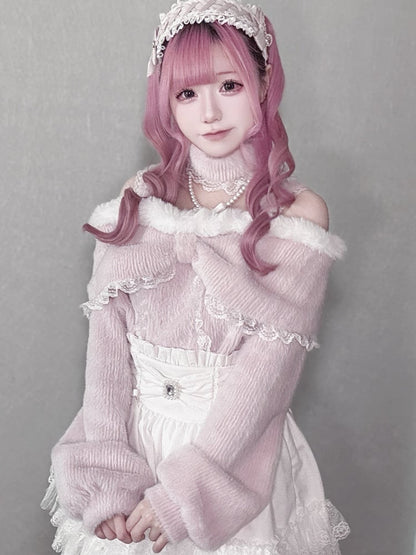 Top Shoulder Open Kei Decor Beaded Jirai with Chain Pink/White/Black Ruffle Fleece-lined