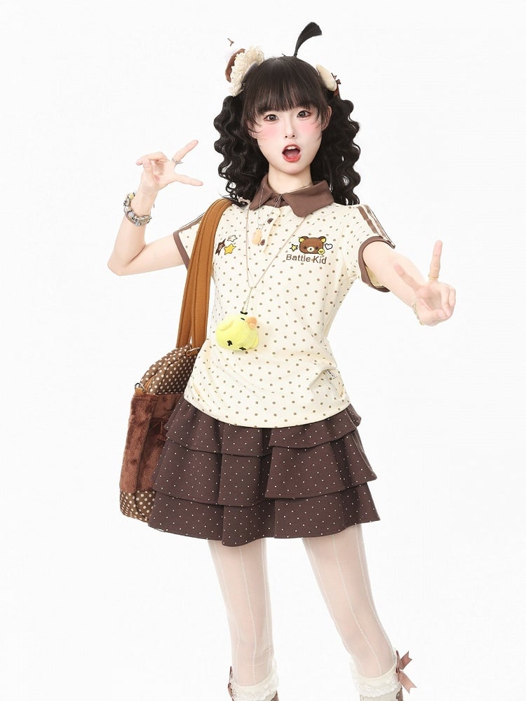 Brown Polka-Dot Tee with Bear Patch & Chick Charm - Languid Park
