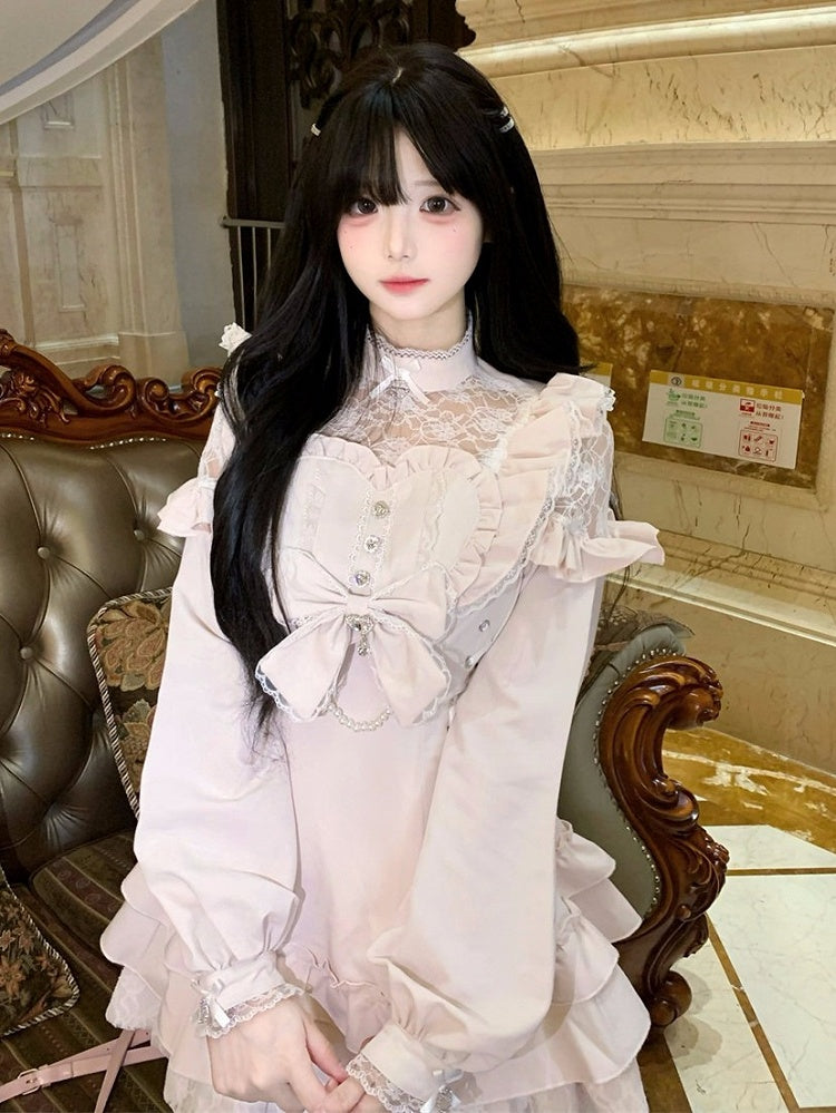 Pink Ryousangata Lace Patch Long Sleeve Dress Shorts Bow Set - Jiuniang Cherry