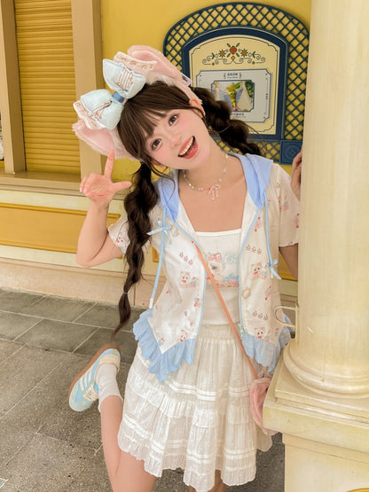 ジップアップフード付きキュートなキティプリントカーブヘムレースブルートリムTシャツ