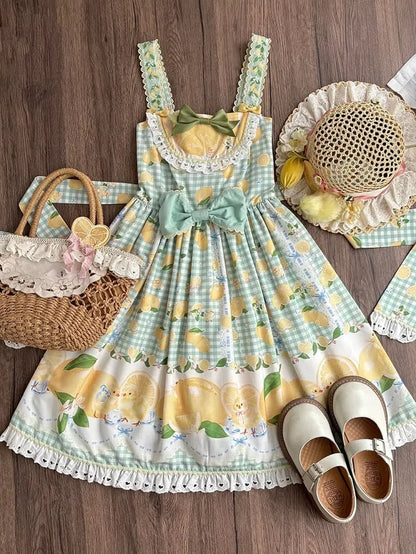 Chick Lolita Waist High Print Green Gingham and Lemon Dress Sweet