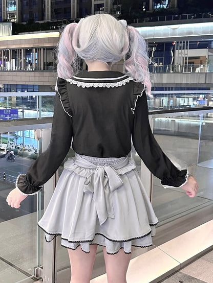 Tie Jirai Kei Black Peter Pan Collar Long Sleeve Blouse Free with Bow