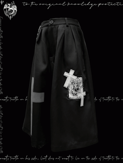 Black Cross Appliques Wide-Leg Pants Y2K