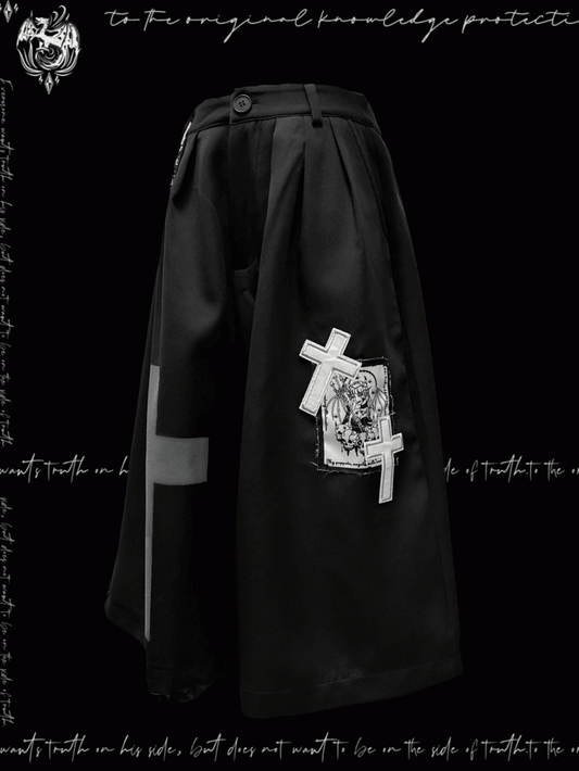 Black Cross Appliques Wide-Leg Pants Y2K