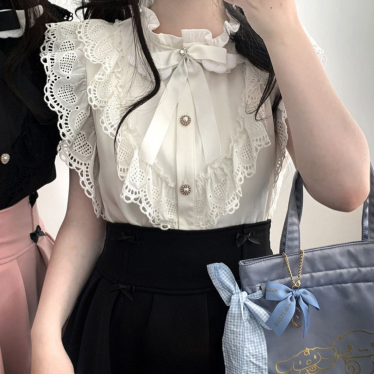 Sleeves Bow Kei and Flutter with Tie Jirai Heart-shaped Trim Blouse Black/White Winged Lace