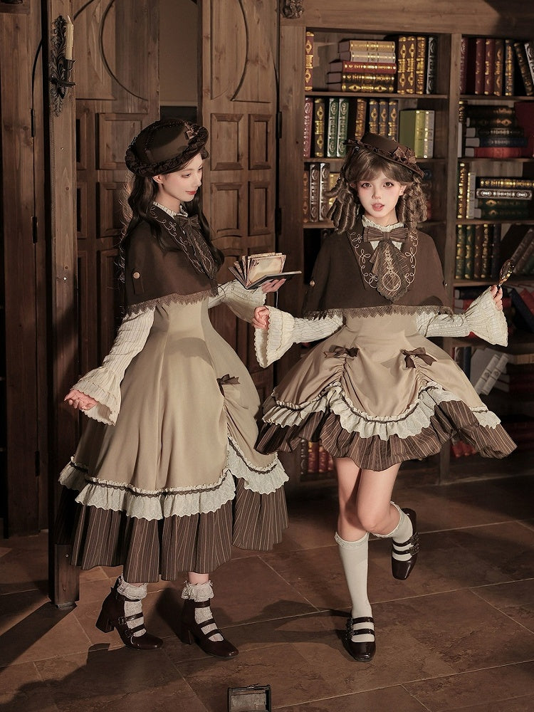 Brown Striped Faux-Layered Lolita Dress Set with Drawstring, Cape, Jabot & Mini Hat - With PUJI
