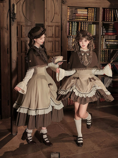 Brown Striped Faux-Layered Lolita Dress Set with Drawstring, Cape, Jabot & Mini Hat - With PUJI