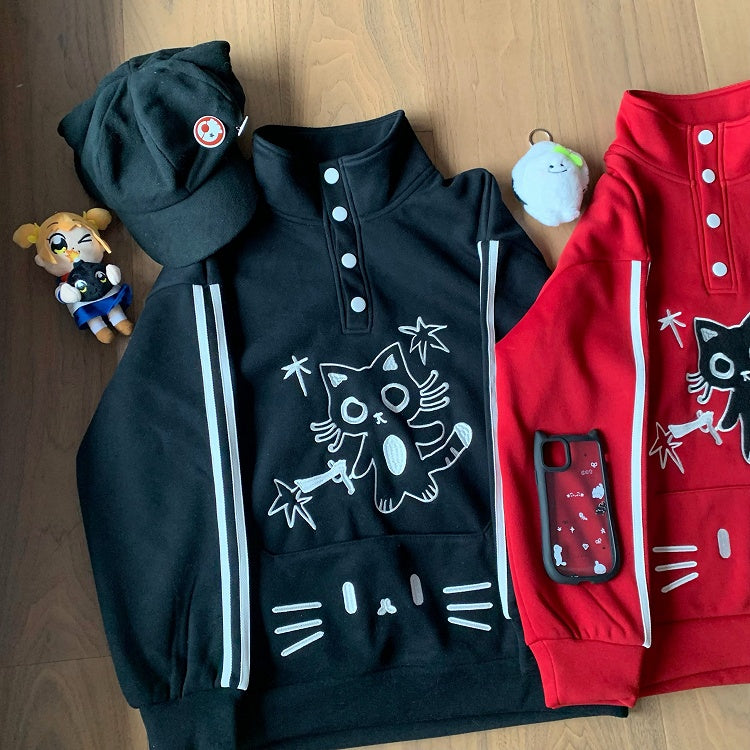 / Fleece-lined Front Adorable Partial Black with Embroidery Cat Sweatshirt Red Snap