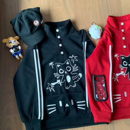 / Fleece-lined Front Adorable Partial Black with Embroidery Cat Sweatshirt Red Snap