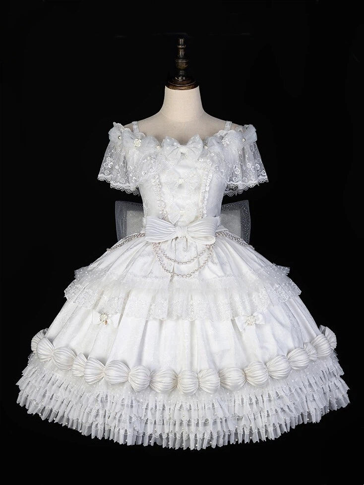 KC Lolita Full Dress Choker Mini Off Hat Cuffs Set + Shoulder Wrist Veil Hime White