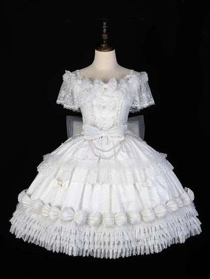 KC Lolita Full Dress Choker Mini Off Hat Cuffs Set + Shoulder Wrist Veil Hime White