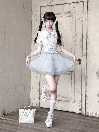 Blue Bubble Skirt with Detachable Rhinestone Bow - Ekomi
