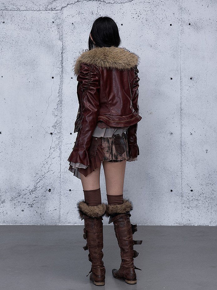 Rock Punk with Gathered Wine Details Red Jacket