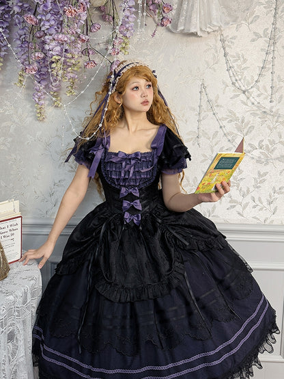 Schwarz-lila Jacquard-Rock mit Kordelzug und quadratischem Ausschnitt, klassisches Lolita-Kleid