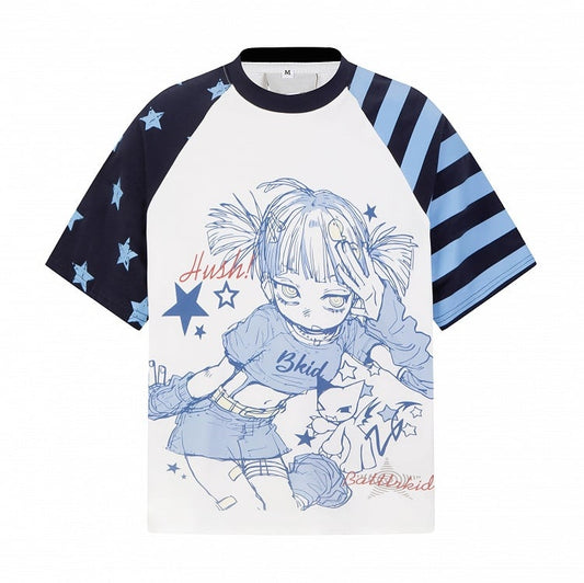 Otaku Kawaii Star-Stripe Tee with Anime Girl Graphic, Blue White - CRAZY GIRL