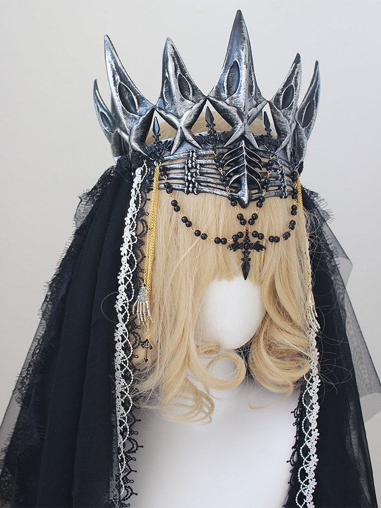 Cross And Beaded Charm Skeleton Hands Black Gothic Crown
