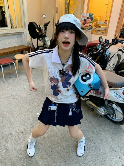 Polo and Cartoon Contrast Shirt Graphic with Stripes White