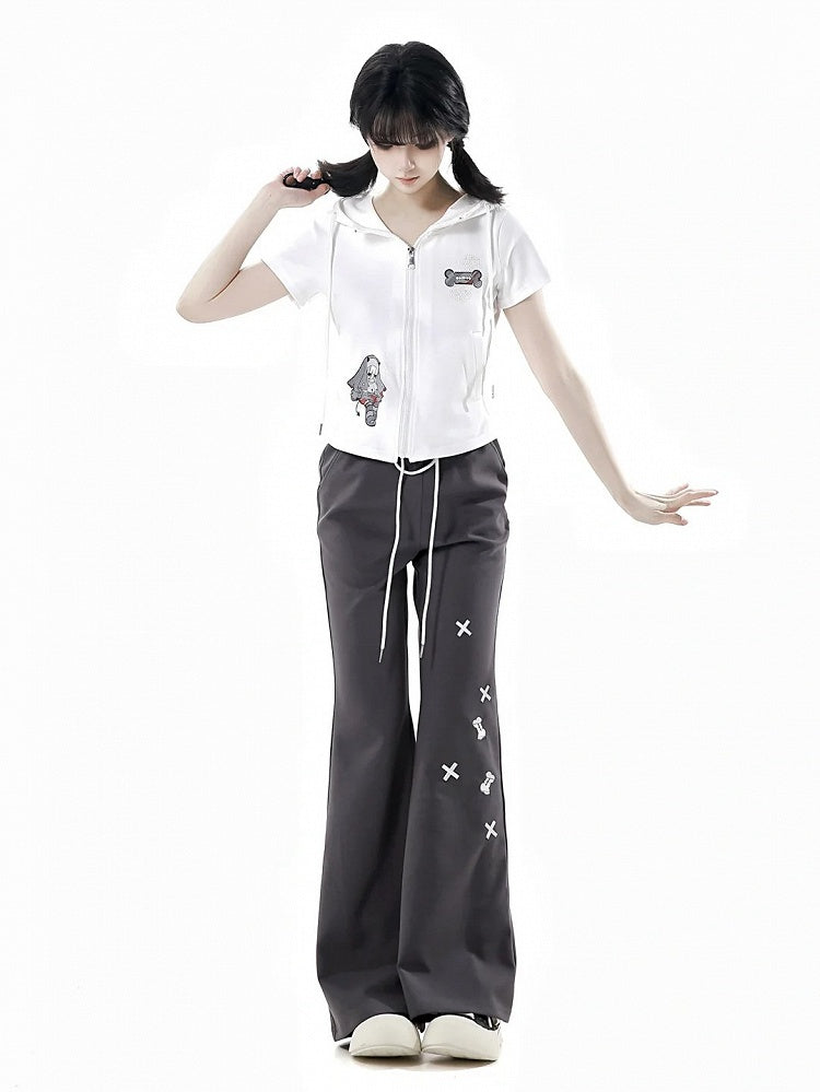 Schlaghose mit Knochenstickerei und Kordelzug in der Taille, Schwarz/Blau/Grau