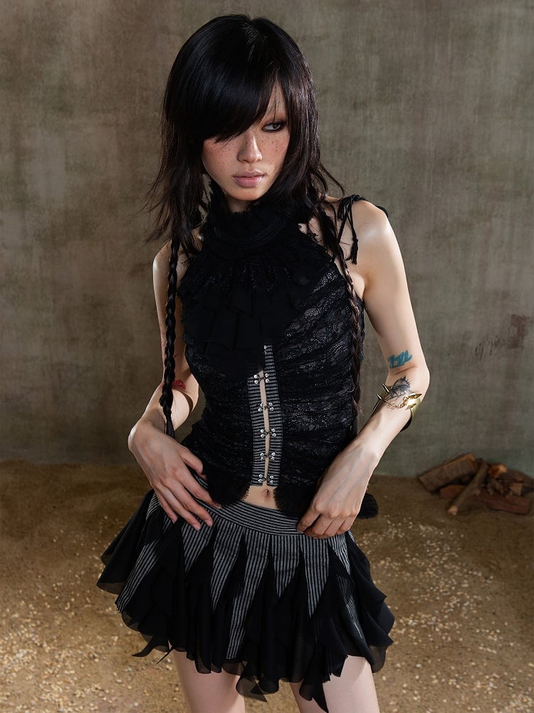 Top Black Floral Cami Gothic Frayed with Front Closure Embroidered Lace Hook-Eye Punk Straps