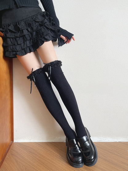 Plush Trim with Stockings Decorations Vertical Double-Layer Bow White/Black Striped Creamy Curly Pattern