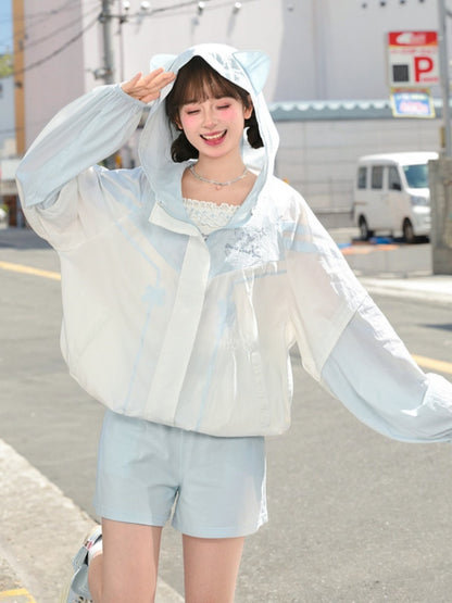 日焼け防止ジャケット 裾フード 猫耳 ブルーカラーブロックデザイン ドローストリングデザイン