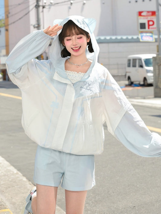 日焼け防止ジャケット 裾フード 猫耳 ブルーカラーブロックデザイン ドローストリングデザイン