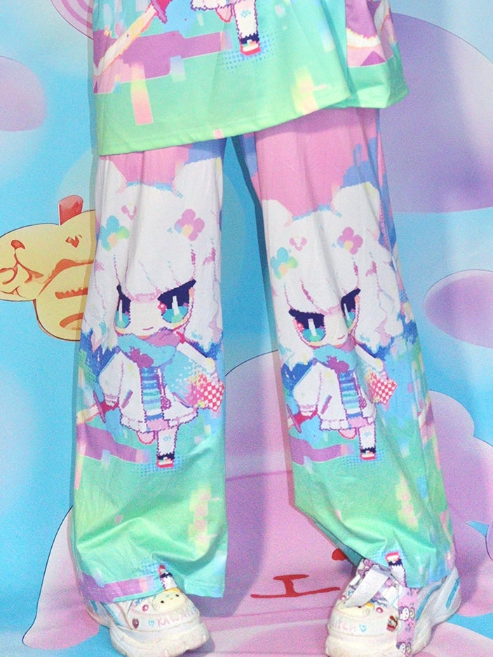 Y2K ストレートレッグ カラフルプリント カートゥーンパンツ カット