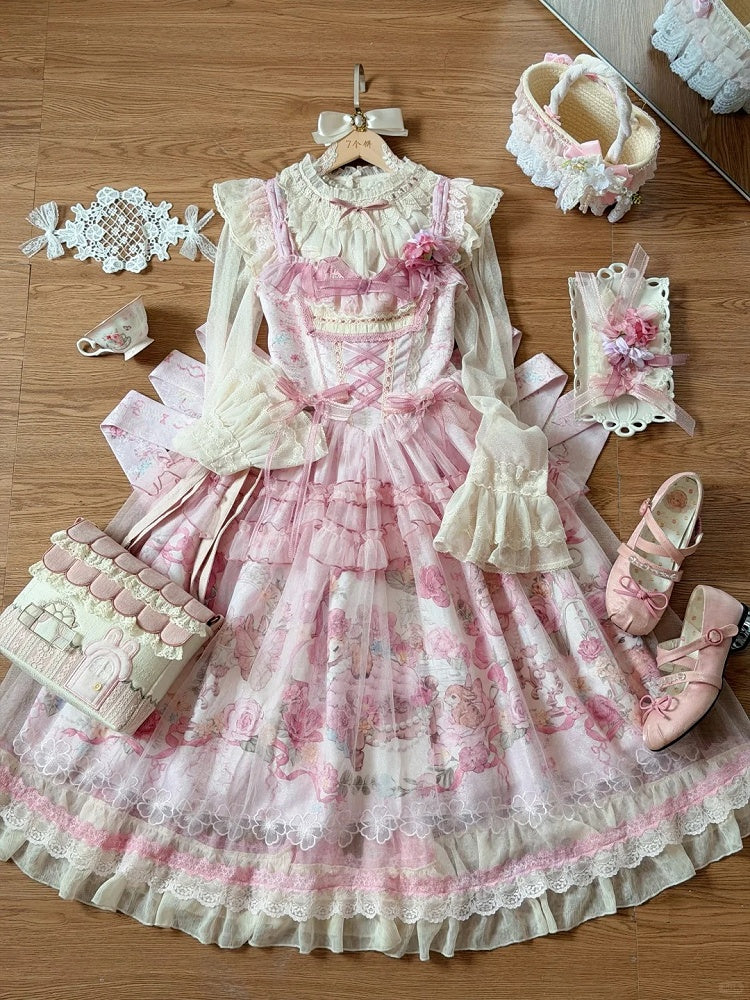 Pink Deer & Floral Print Flutter Sleeves Sweet Lolita JSK Dress with Overlay - Honey Machine