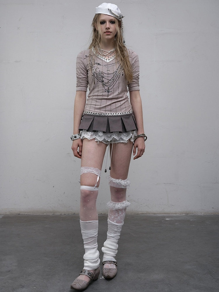 Muster Langer V-Ausschnitt Strass Gestreift Rosa/Blau Ärmel Punk Design Top Halskette Wasteland