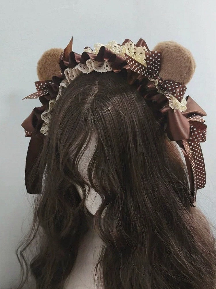 Dark Brown Bear Hairband with Polka Dot Lace - Ye Cheng Hair Accessory