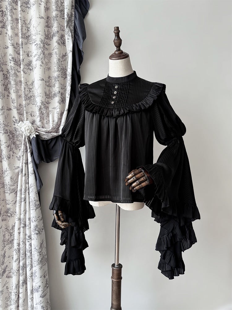 Bell Sleeves Black Flounce Gothic Blouse Trim