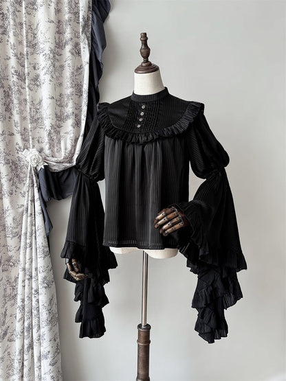 Bell Sleeves Black Flounce Gothic Blouse Trim