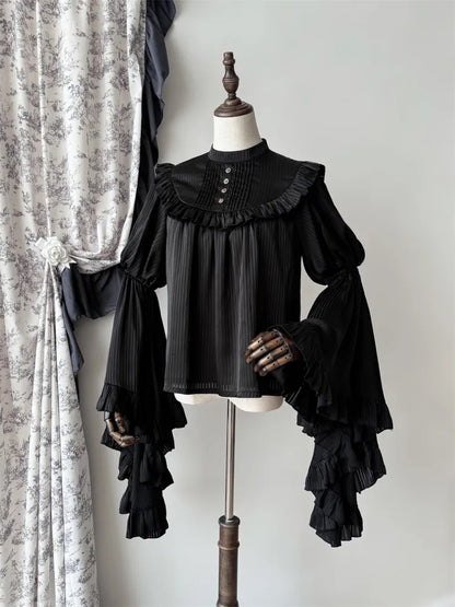 Flounce Trim Gothic Black Blouse Bell Sleeves