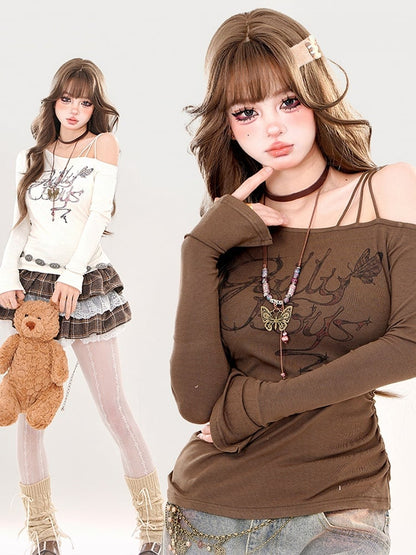 Kaffee/Aprikose Buchstaben Asymmetrischer Ausschnitt Top Geraffte Taille